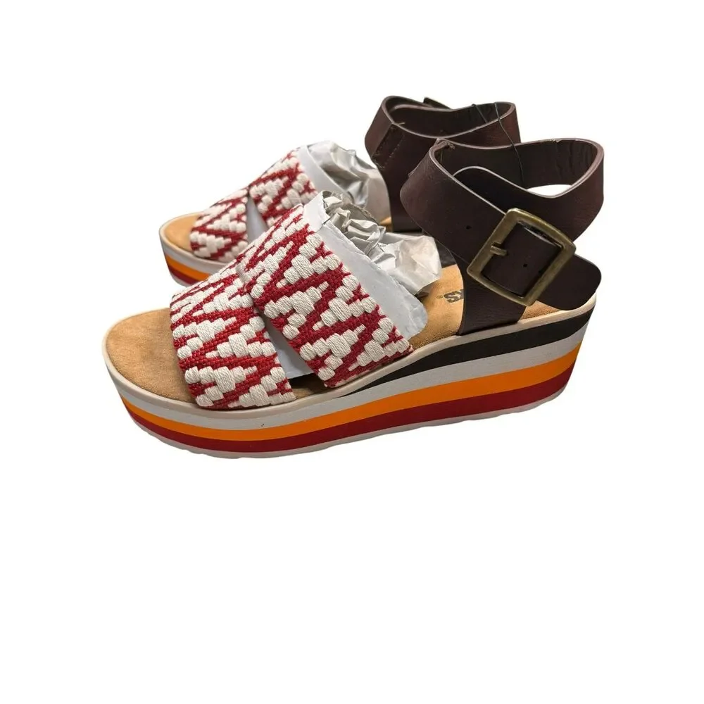 Muk Luks Red Woven Platform Wedge Sandals Size 8 Boho Retro Stripe Sole